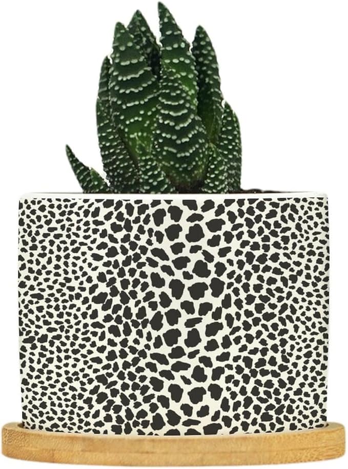 Leopard Print Planter Ceramic African Animal Stripe Round Plant Pot with Drainage Holes and Bamboo Tray Pot for Home Office Desk Garden