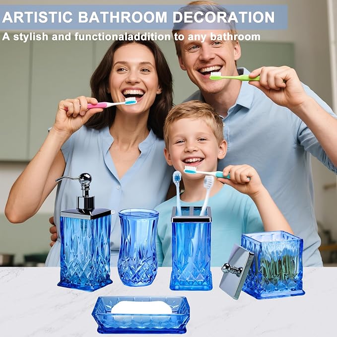 Bathroom Accessories Set,5 Pcs Blue Glass Bathroom Accessory Set,Complete Lotion Soap Dispenser, Toothbrush Holder,Soap Dish,Tumbler & Jar,Modern Bathroom Decor Sets Gift,Square