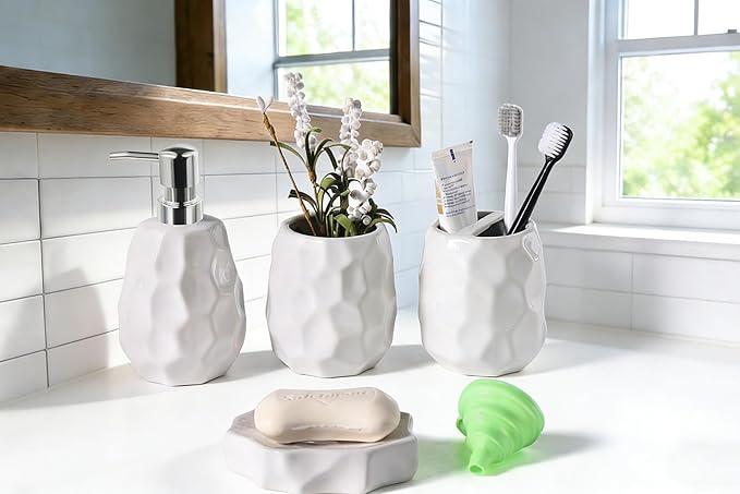 Ceramic Bathroom Accessories Set 4 PCS,Bathroom Toothbrush Holder Set,Soap and Toothbrush Holder Set,Include Toothbrush Holder,Soap Dispenser,Tumbler,Soap Dish,Bathroom Sets Decor Organizer (White)