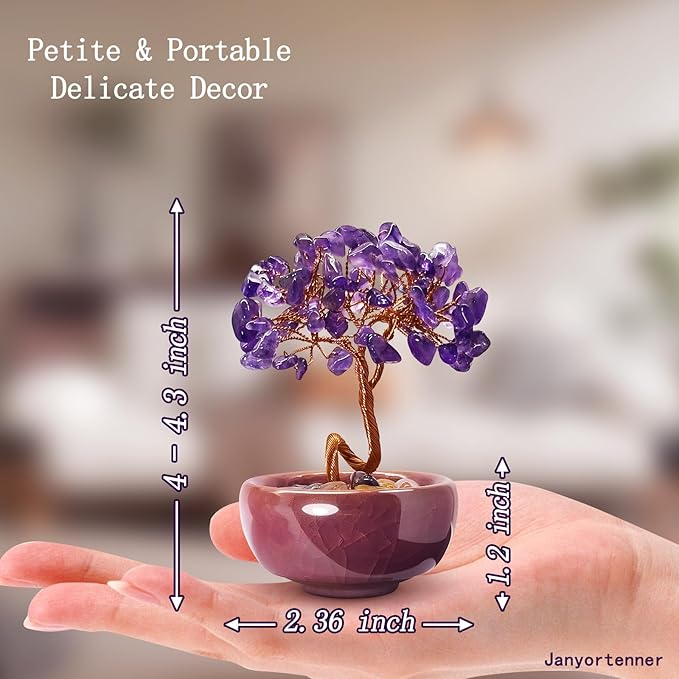 Mini Amethyst Crystals Tree of Life,Mystical Energy Home Office Desk Decor,Handmade Crystal with Copper Wire and Crackle Glaze Base,Spiritual Gift
