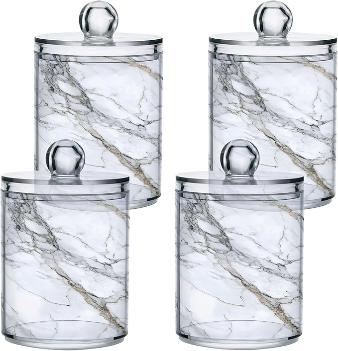 MNSRUU 4 Pack Qtip Holder Organizer Dispenser Stylish White Marble Texture Bathroom Containers Bathroom Vanity Storage Canister Apothecary Jars for Cotton Swabs/Pads/Floss