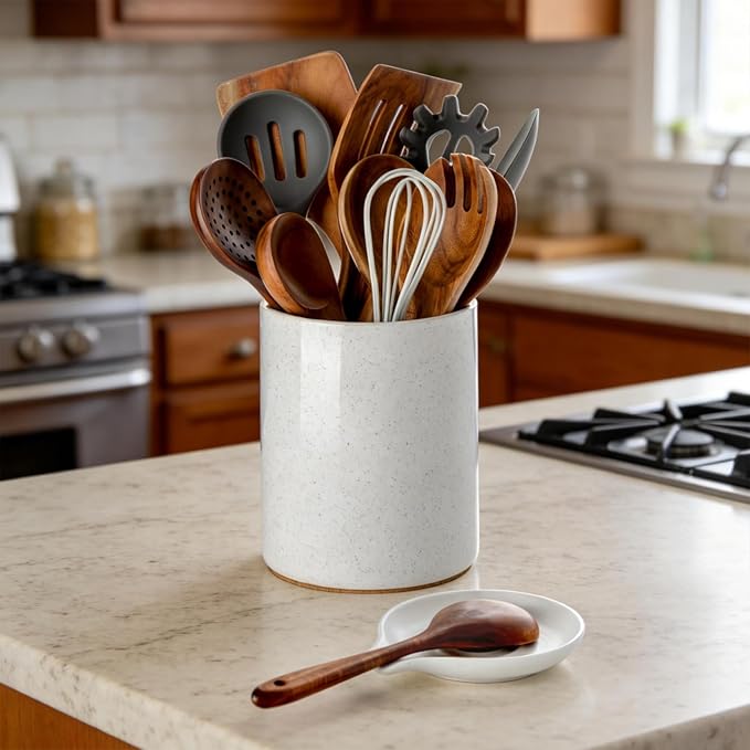 Nucookery Utensil Holder with Spoon Rest, 6.4'' Large Ceramic Kitchen Utensil Crock, Heavyweight Countertop Organizer Holds 10–15 Utensils, Easy Clean, Non-Slip Cork Base
