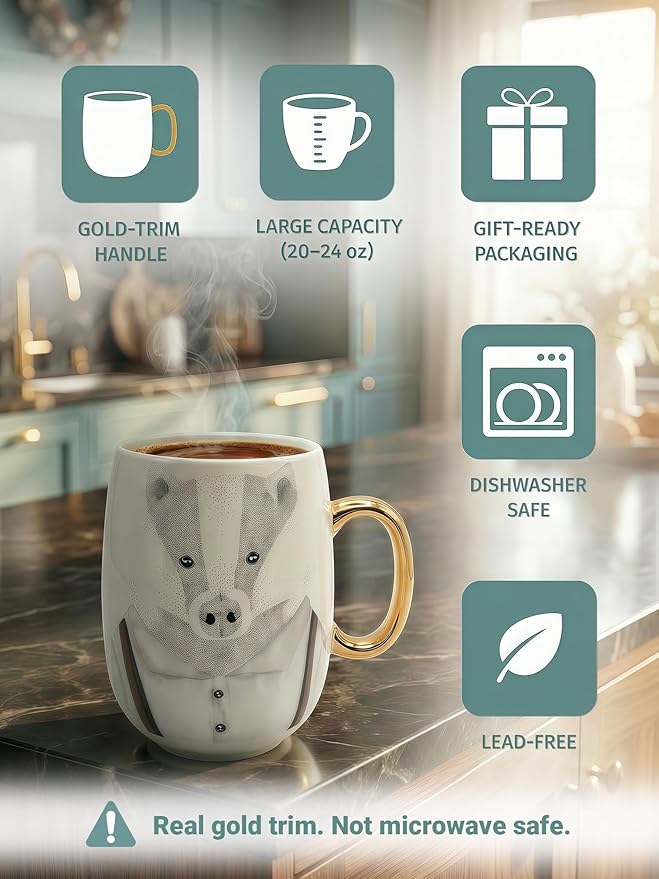 Large 24oz Ceramic Coffee Mug with Gold-Trim Handle, Oversized Porcelain Mug for Coffee, Tea & Hot Chocolate, Hand-Painted Artisan Style, Lead-Free, Gift-Ready Box, Hand Wash Only, Not Microwave Safe