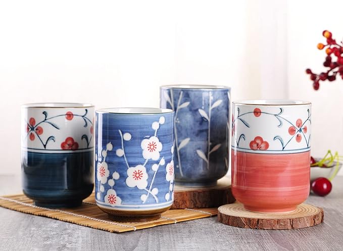 WHJY 10oz Transitional Chinese/Japanese style Handle-less Ceramic Tea cups teacup, Cherry Bloom & Rush straw in Blue Sky Pattern Set of 2