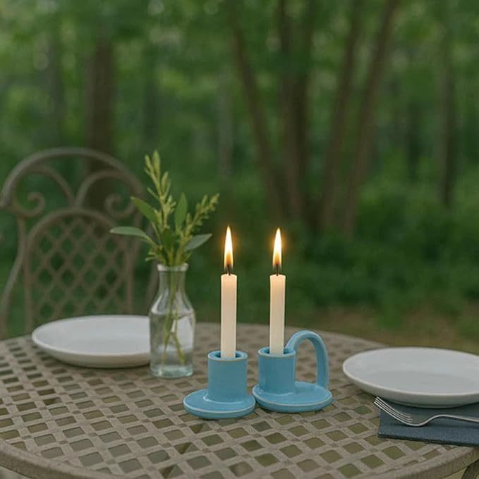 Ceramic Taper Candle Holders with Handle (Set of 2) – Tall Candlestick Holders for Table Decor Centerpieces, Rustic Home Décor, and Dinner Table Styling Robin's Egg Blue