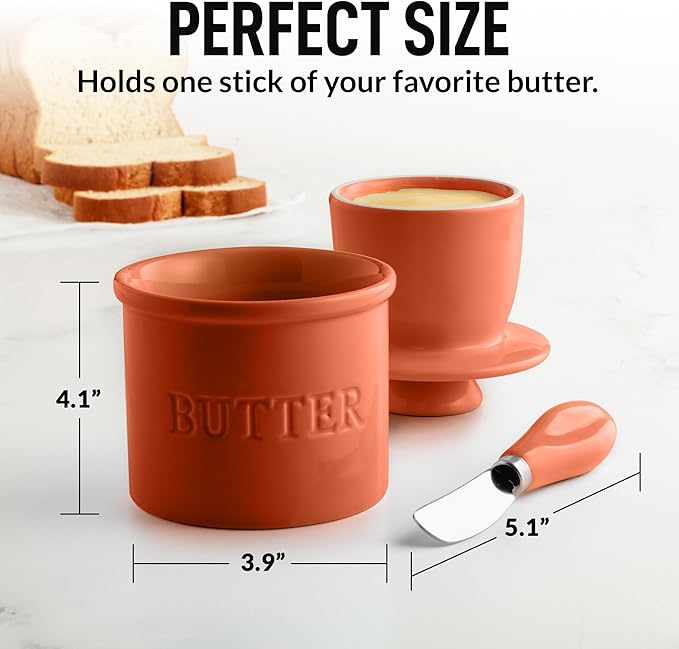 Zulay Kitchen Bell Shaped Butter Crock with Lid for Countertop with Water Line & Spreader Knife, Ceramic French Butter Dish Keeper For Fresh, Soft & Spreadable Butter - Terracotta