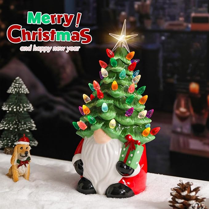 VCUTEKA Small Ceramic Christmas Tree Hand-Painted Vintage Tabletop Christmas Tree Holiday Decoration with Multi-Color Lights Green Gnome 11 inch
