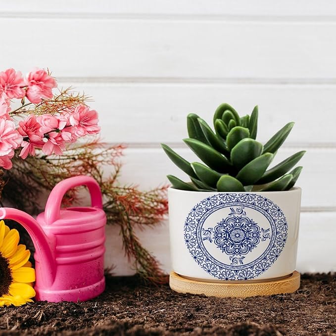 Planters Ceramic Chinese Style Blue And White Porcelain Print Ceramic Pots with Drainage Holes Round Flowerpot Bamboo Tray Plant Pots for Succuelnt And Little Snake Plants Pots for Nana Grandma