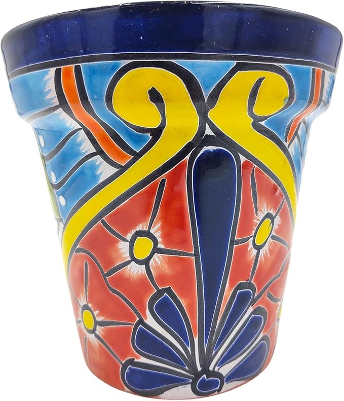 Cactus Canyon Ceramics Talavera Planter, Hand-Painted Mexican Traditional Ceramic Pot with Drainage Hole, Indoor Outdoor Rustic Botanical Terracotta, 7 Inch, Dark Blue Multicolor