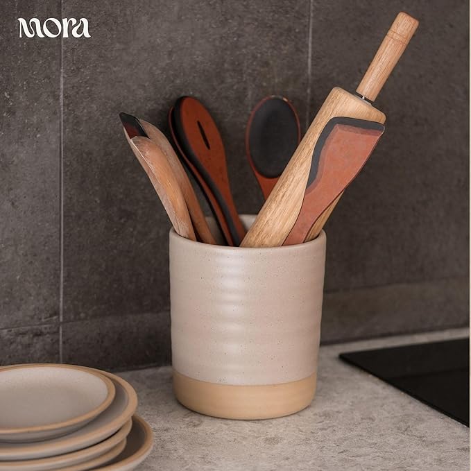 Mora Ceramic Kitchen Utensil Holder - Wooden Spoon & Spatula Crock for Countertop, Modern Farmhouse Home Decor, Extra Large 7.3" Cooking Organizer for Stove Top and Counter - Heavy & Sturdy - Mushroom