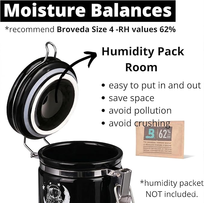 Smell Proof Jar Half Oz (250ml), Separate Space for Humidity Pack To Keep Herbs, Spices Fresh For Months - Ceramic Smell Proof Containers, Stash Jar with Clamp Lid -Double Sealed Airtight Jar -Black