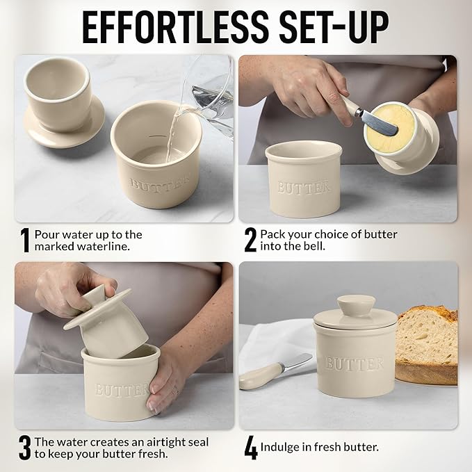Zulay Kitchen Bell Shaped Butter Crock with Lid for Countertop with Water Line & Spreader Knife, Ceramic French Butter Dish Keeper For Fresh, Soft & Spreadable Butter - Ivory