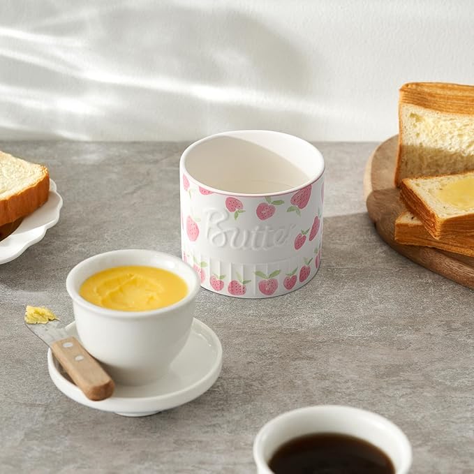 Toptier Butter Crock for Counter With Water Line, On Demand Spreadable Butter, Ceramic Butter Keeper to Leave On Counter, French Butter Dish with Lid (Strawberry)