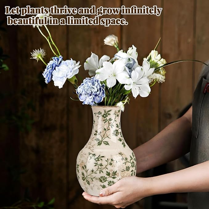 LemonRoad Vintage Ceramic Flower Vase 5.7 Inch Chinoiserie Ice Cracked Glaze Porcelain Vase Rustic Ceramic Large Centerpieces for Home Table Living Room Bookshelf Office(Floral Style)