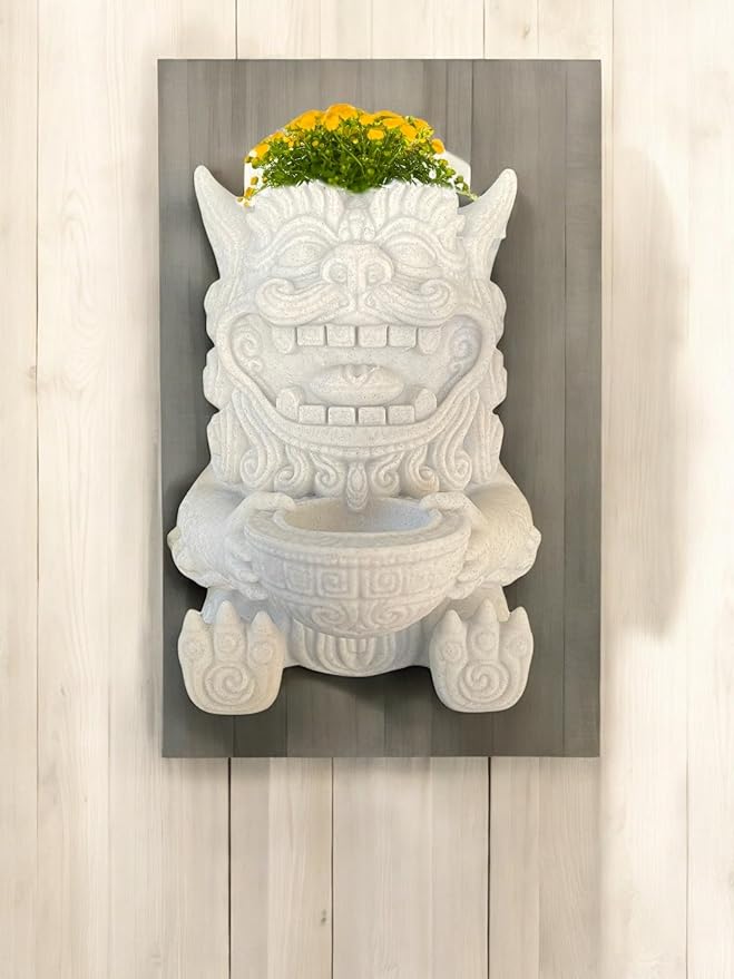 Wall Planter – Chinese Foo Lion Guardian Flower Pot, Hanging Dragon Dog Planter for Indoor & Outdoor Garden Decor, Unique Wall Art for Plants & Succulents (White Marble Stone, Regular 5.8" Height)