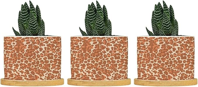 Leopard Orange Light Brown Dot Ceramic Planter African Tribal Animal Print Planters for Indoor Plants with Drainage Holes and Saucers Pot for Home Office Decoration