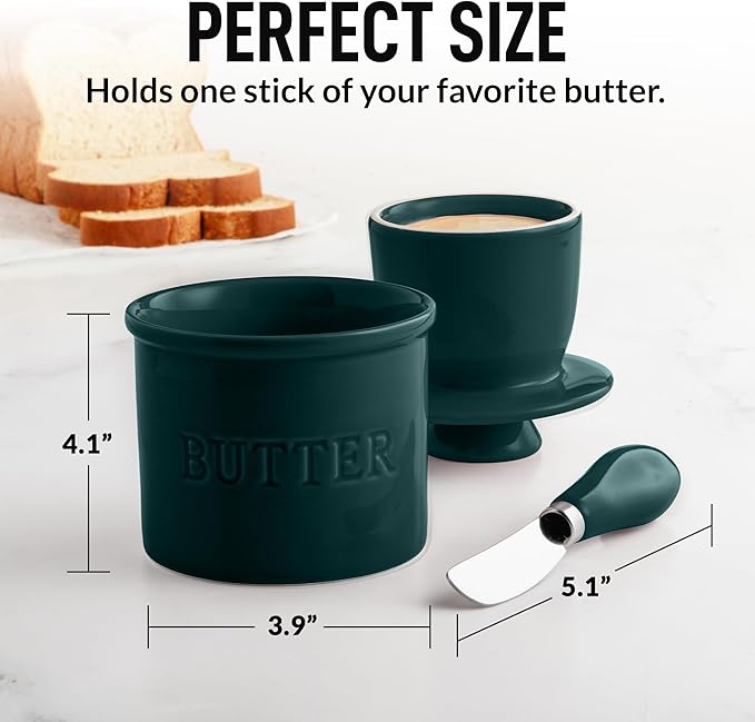 Zulay Kitchen Bell Shaped Butter Crock with Lid for Countertop with Water Line & Spreader Knife, Ceramic French Butter Dish Keeper For Fresh, Soft & Spreadable Butter - Forest Green