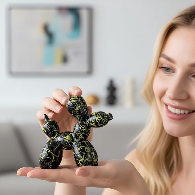 Creative Black Balloon Dog Statues Small Ceramic Animal Sculpture Modern Home Decor Living Room Desktop Decorations Bedroom Office Cabinet Ornament (Black-C)