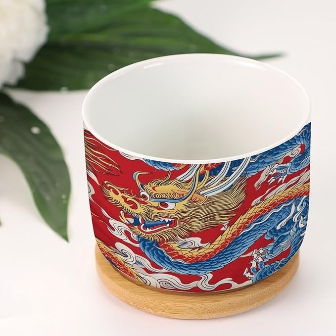 1 Piece Red and Auqa Dragon Small Succulents Plant Pot Oriental Chinoiserie Houseplant Pot for Cactus with Drainage Holes Chinoiserie Dragon Ceramics Planters for Indoor Plants