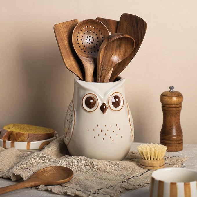 SOCOSY Owl Ceramic Kitchen Utensil Holder For Countertop, Cooking Utensil Crock Holder Spatula Holder
