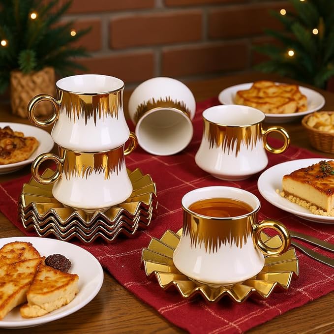 Coffee Cup Set of 6 with Saucers, 3.5 OZ Ceramic Espresso Cups, Deco Gold Trim Coffee Cup Gift for Cappuccino, Latte, Cafe Mocha and Tea, Dishwasher & Microwave Safe (White and Gold)
