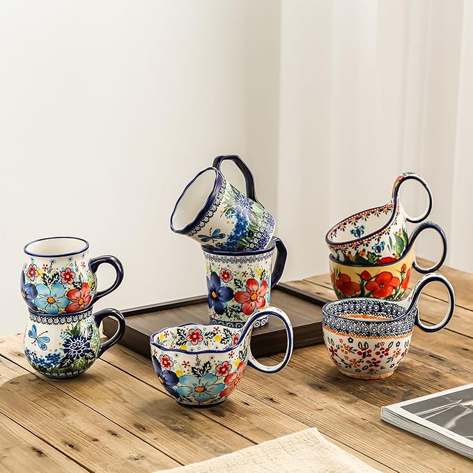15oz Large Soup Bowl with Loop Handle, Polish Pottery Ceramic Handpainted Decorative Mug Cup with Handle, Bowl for Soup Cereal Fruits Chili Stew Ice cream Dishwasher & Microwave Safe Housewarming Gift