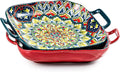 Besmeety Square Pasta Bowls with Handle, Boho Salad Serving Bowls Set of 2, Ceramic 7.09" Pasta Plates for Housewarming Present, Party (Green+Red)