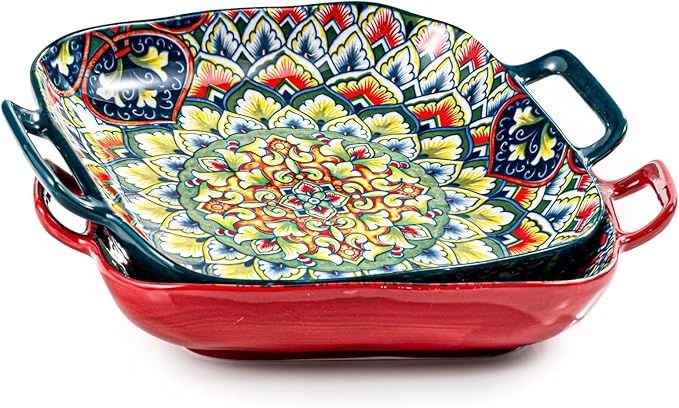 Besmeety Square Pasta Bowls with Handle, Boho Salad Serving Bowls Set of 2, Ceramic 7.09" Pasta Plates for Housewarming Present, Party (Green+Red)