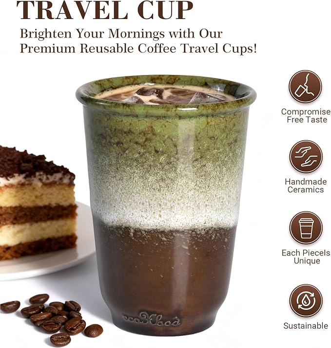 13oz Ceramic Travel Coffee Mug with Lid 2pcs, Modern Ceramic Coffee Cup Fit Car Holder, Portable Coffee Mug w/Sleeve Heat-Resistent for Hot Cold Drinks, Easter Wedding gift &Mother’s Day