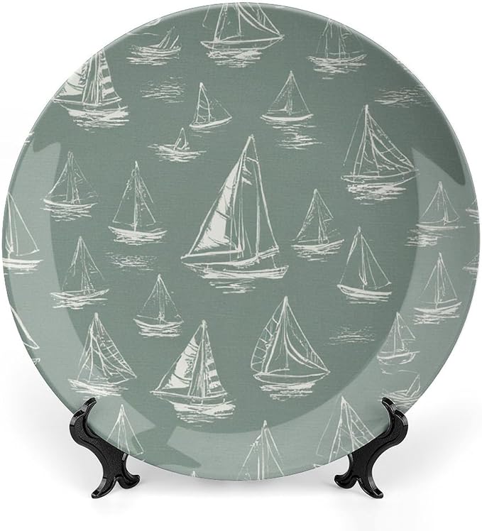 Personalized Gifts Plates Ceramic, Sail Boats Nautical Teal Dinner Plates Table Including Bracket And Special Hook, Antique Decor for Wedding Art Decoration Festival, 6", 7", 8", 10"