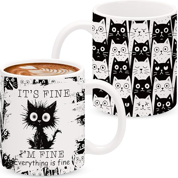 Sliner 2 Set I'm Fine Everything Is Fine Cat Mugs Black Cat Funny Coffee Cups Gifts 11 oz Ceramic Cute Tea Cup Holiday Birthday Gifts for Men Women Colleague Coworker