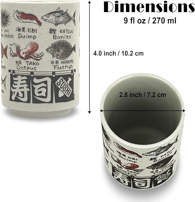 Japanese Tea Cup - Pottery 9 fl oz, Yunomi Mug, Sushi Made in Japan (C3-7 Sakanaeigo)