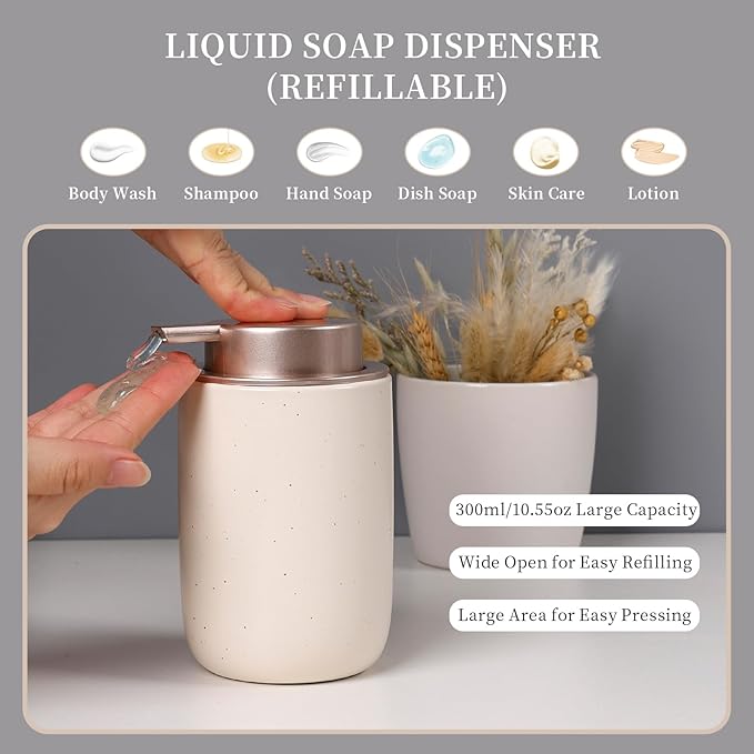 BosilunLife Ceramic Bathroom Accessories Sets Complete Bathroom soap Dispenser and Toothbrush Holder Set (Apricot-Liquid)