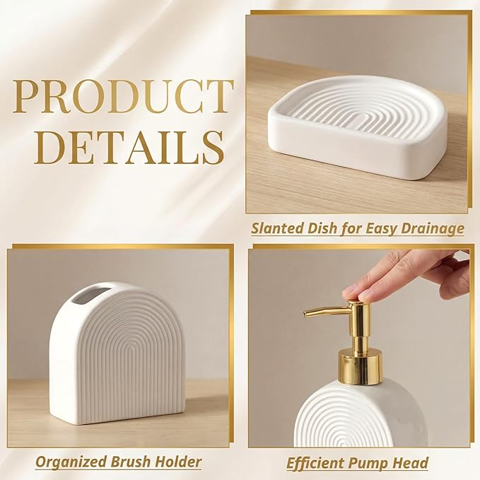 Boho Ceramic Bathroom Accessories Sets 3 Pcs Arch Style Bathroom Accessories for Countertop, Soap Dispenser, Toothbrush Holder Soap Holder Decor for Modern Home Decor