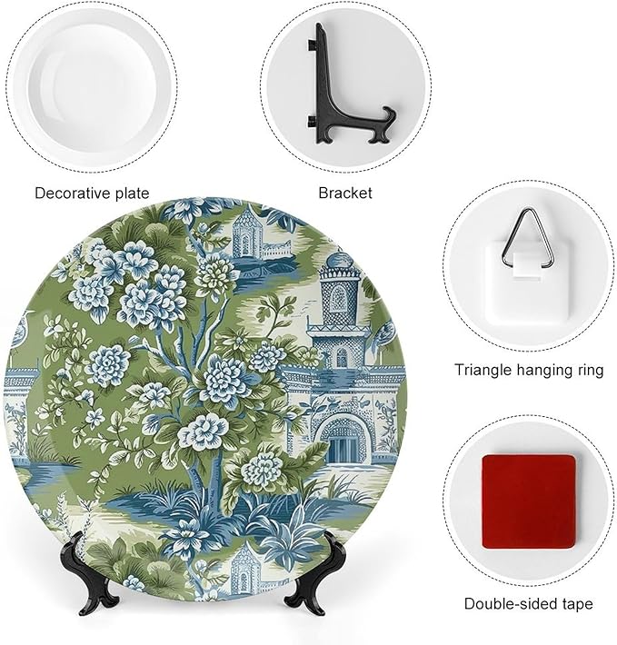 Pagoda Garden Imperial Green Chinoiserie Vintage Plates, Ceramic Ornaments Dessert Plates for Kitchen Farmhouse Decor, Including Bracket And Special Hook Art Decorations for Art Decoration Festival