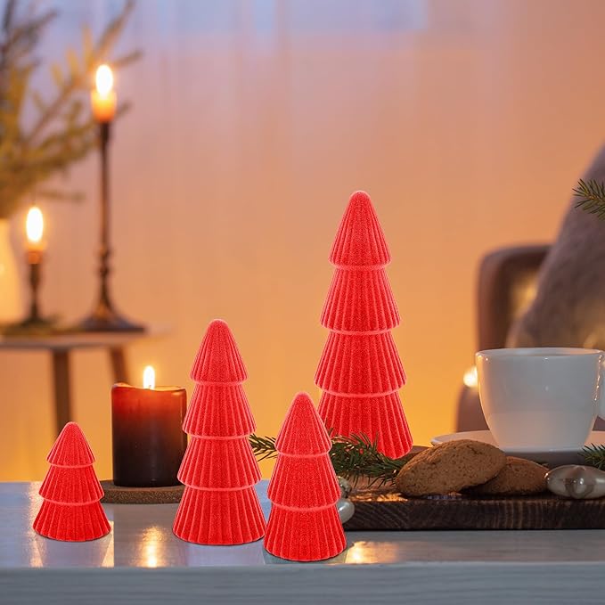 Aneco 4 Pack Velvet Ceramic Christmas Tree Christmas Indoor Decorations Modern Cone Xmas Tabletop Decor for Home Entryway Table Mantel Centerpiece Winter Holiday Party Supplies, Red