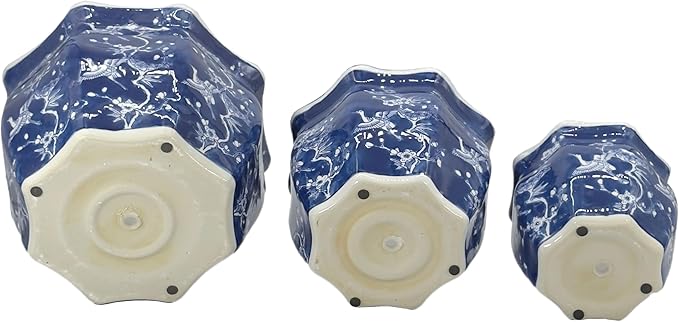 Galt International White & Blue Crane Round Fluted Floral Porcelain Ceramic Plant Flower Planter Pot Set of 3 (7.5", 10", 13") Garden Pots Chinese Asian Design