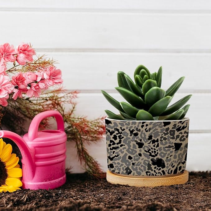 Leopard Black and Light Brown Dot Ceramic Planters African Tribal Animal Print Planters for Indoor Plants with Drainage Holes and Saucers Pot for Outdoor Garden Home Plant