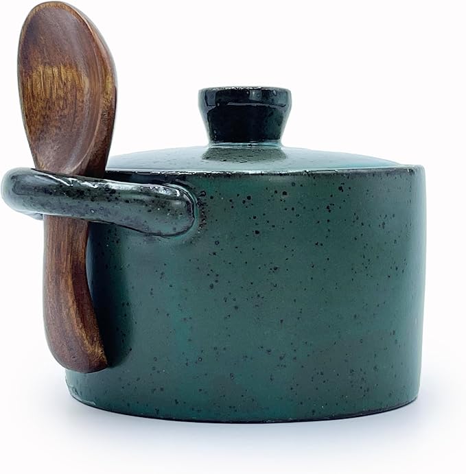 8 oz Ceramic Salt Cellar with Lid & Wooden Spoon,Countertop Salt Container,Sugar Bowl,Spices Jar| Artisan Kitchen Decor(Deep Blue)