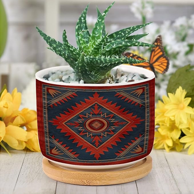 Planters Ceramic The Navajo in Red And Blue with A Blue Border Pattern Ceramic Pots with Drainage Holes Round Flowerpot Bamboo Tray Plant Pots for Succuelnt And Little Snake Plants Pots for Nana