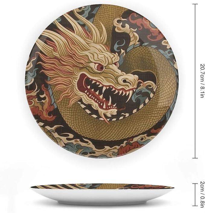 Dragon Gold Oriental Style Asian China Plates of 6", 7", 9", 10", Personalized Ceramic Craft for Decorative Ornaments, Table Home Decorations Wedding, with Display Stand And Hook Up