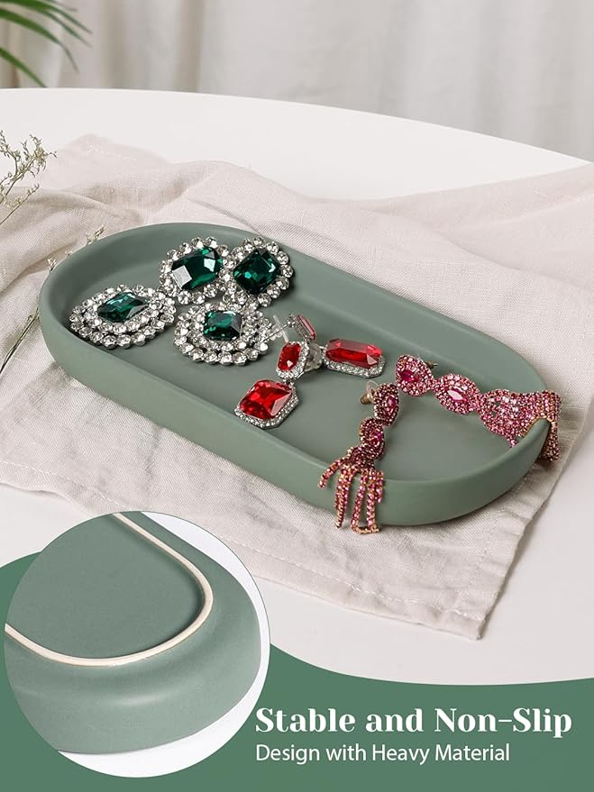 INGOFIN 7" Ceramic Bathroom Vanity Tray- Bathroom Organizer Countertop Tray for Perfume, Jewelry, Candles, Small Kitchen Counter Soap Tray, Decorative for Bathroom Vanity, Toilet Tank, Green