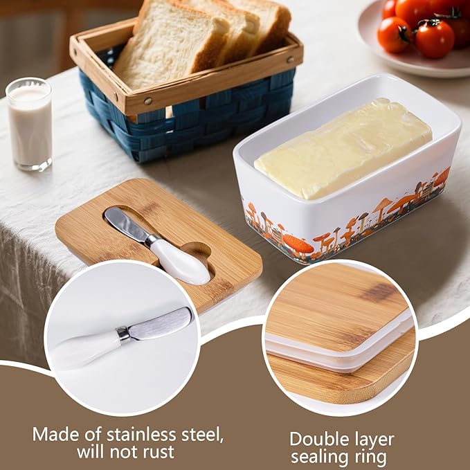 Mushroom Butter Dish with Lid,Large Butter Crock Keeper Saver,Ceramic Butter Container for Countertop with Highly Sealed Silicone Thick Wooden Lid for Kitchen Farmhouse Decor (White, Mushroom)