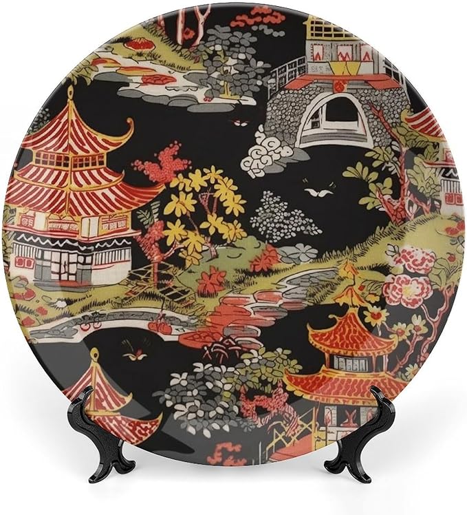 Ceramic Decorative Plate Chinoiserie Charcoal Coral Pagoda Asian Personalized Decor for Office Table Club Kitchen Ceramic Hanging Decorative Plate 1 Plate with 1 Display Stand, Gifts for Men Women