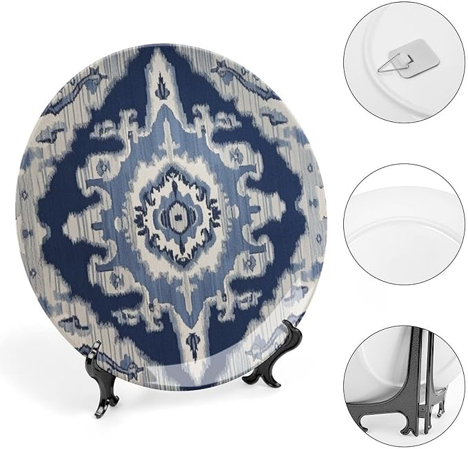 Navy Blue Grey Ikat Plates Ceramic of 6", 7", 9", 10", Custom Wall Decorative Plate, Household Festival Decorations Farmhouse, Including Bracket And Special Hook