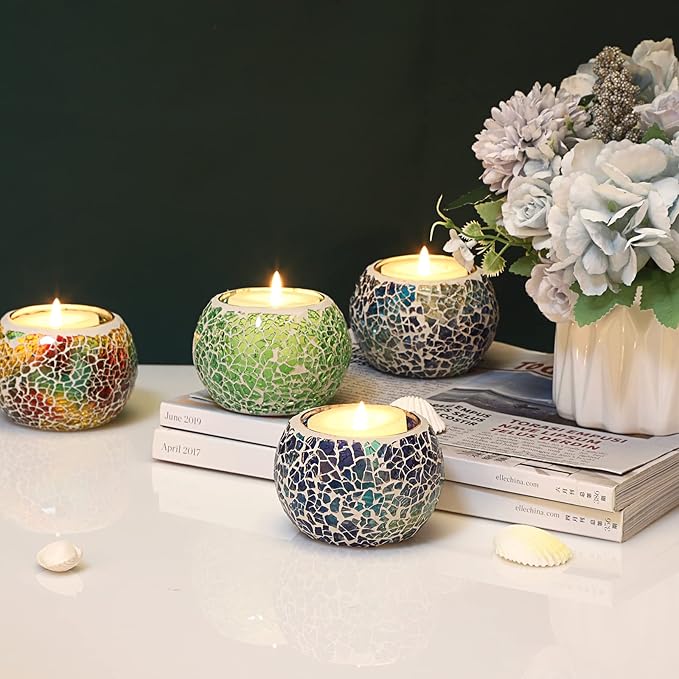 OwnMy 6PCS Mosaic Glass Tealight Holders: Round Votive Candle Holders & Stands for Table Centerpieces, Multicolor Glass Mosaic Tealight Holders, Small Potted Plant Bowl Candle Vases