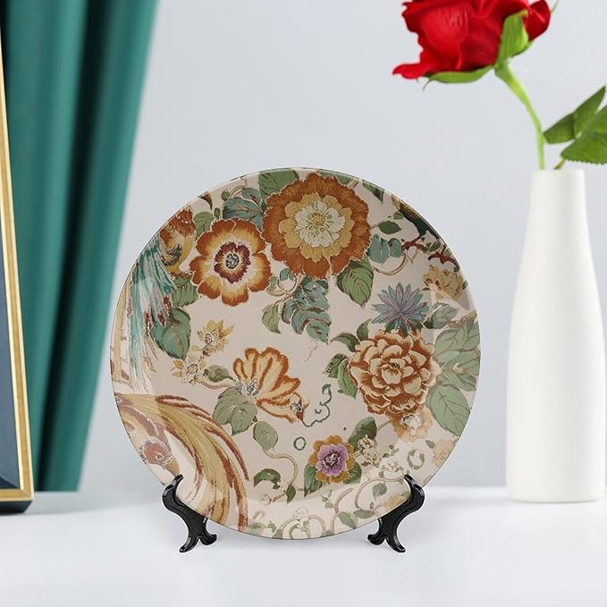 Peony Garden Orange & Green Thibaut Floral Vintage Plates Decor for Club Table Household Personalized Birthday Idea Gifts Ceramic Dinner Plate with 1 Display Stand, Multi Sizes by Choosing
