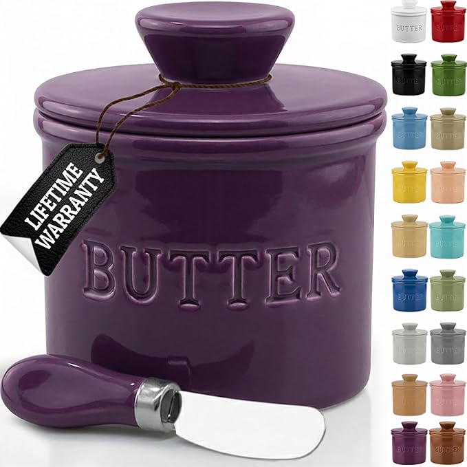 PriorityChef Butter Crock with Lid with Water Line,Ceramic French Butter Dish to Leave On Counter, Purple
