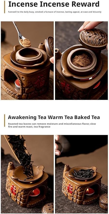 Traditional Chinese Ceramic Incense Burner and Tea Warmer, Brown Stone-Like Finish, 3.94x3.15x3.35 Inches, Multi-Purpose Design with Tea Roasting and Aromatherapy Functions (Stove Style)