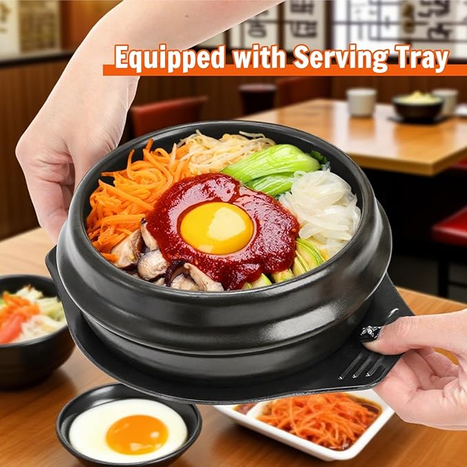 Korean Stone Bowl, Ceramic Korean Cooking Stone Pot Set with Tray, 37 Oz Dolsot Bibimbap Sizzling Hot Pot Soup Cookware for Korean Restaurants, Rice, Soup, Noodle